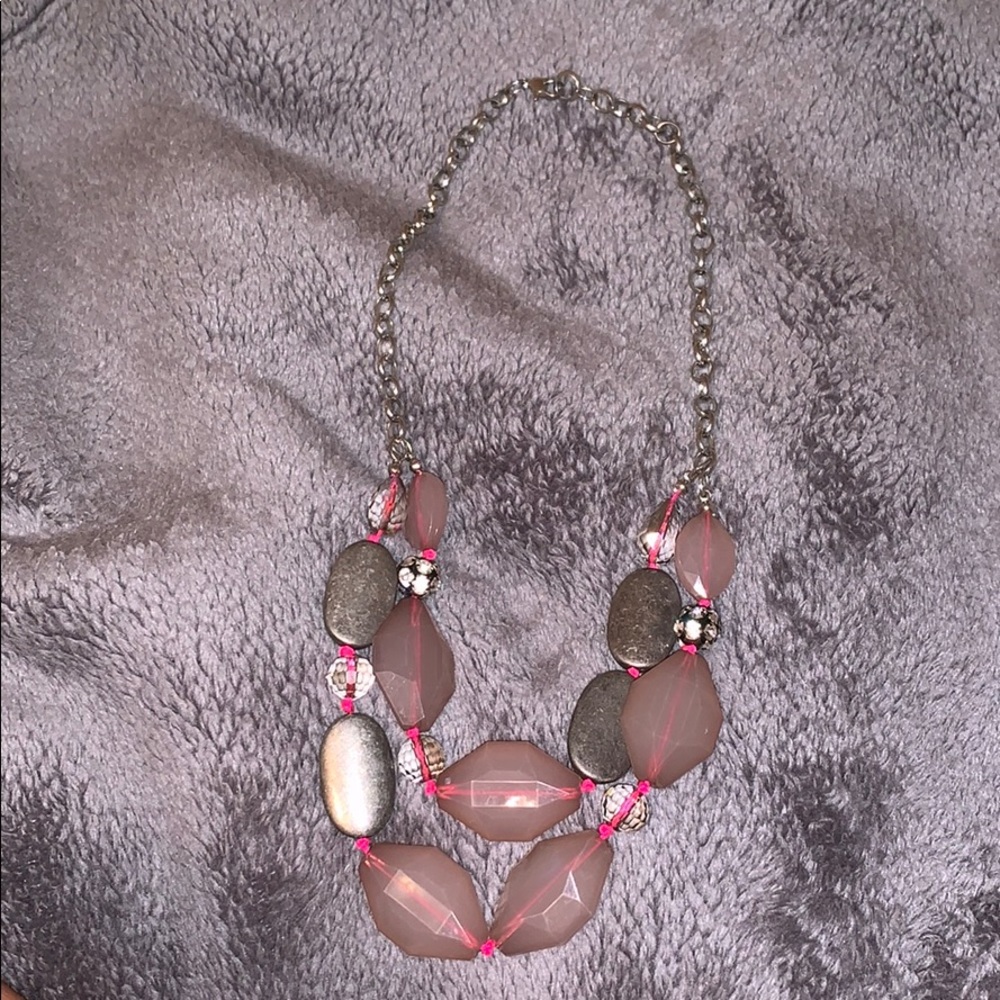 Double strand statement necklace silver and pink